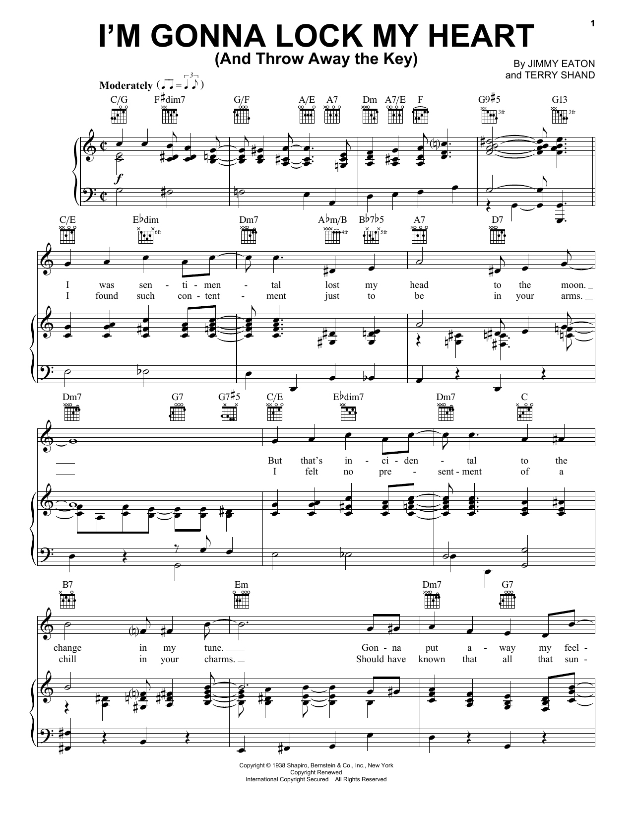 Download Jimmy Eaton I'm Gonna Lock My Heart (And Throw Away The Key) Sheet Music and learn how to play Piano, Vocal & Guitar (Right-Hand Melody) PDF digital score in minutes