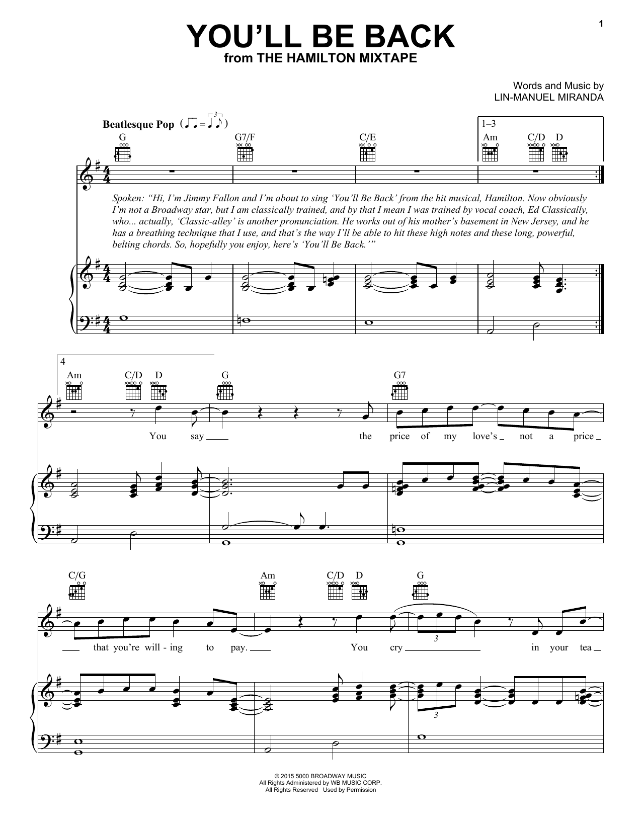 Download Lin-Manuel Miranda You'll Be Back Sheet Music and learn how to play Piano, Vocal & Guitar (Right-Hand Melody) PDF digital score in minutes