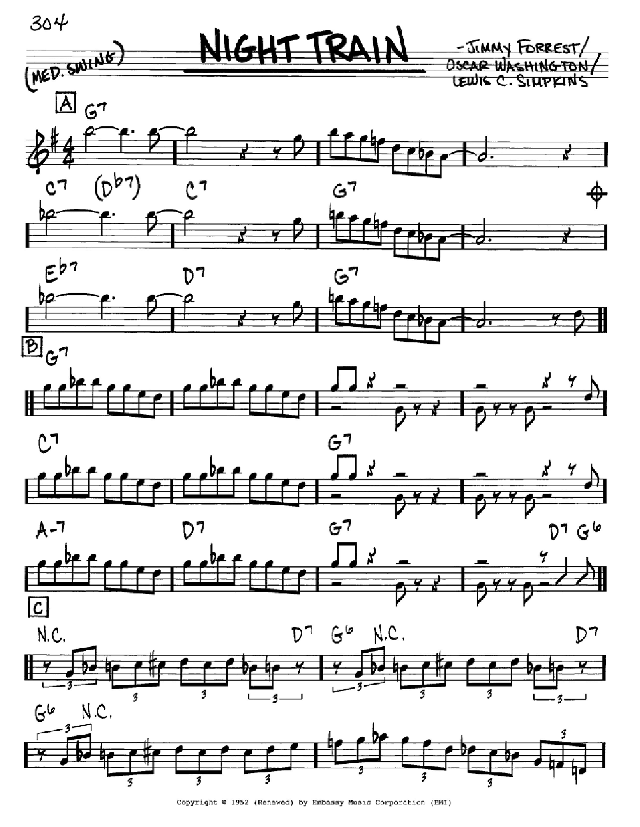 Download Jimmy Forrest Night Train Sheet Music and learn how to play Bass Clarinet Solo PDF digital score in minutes