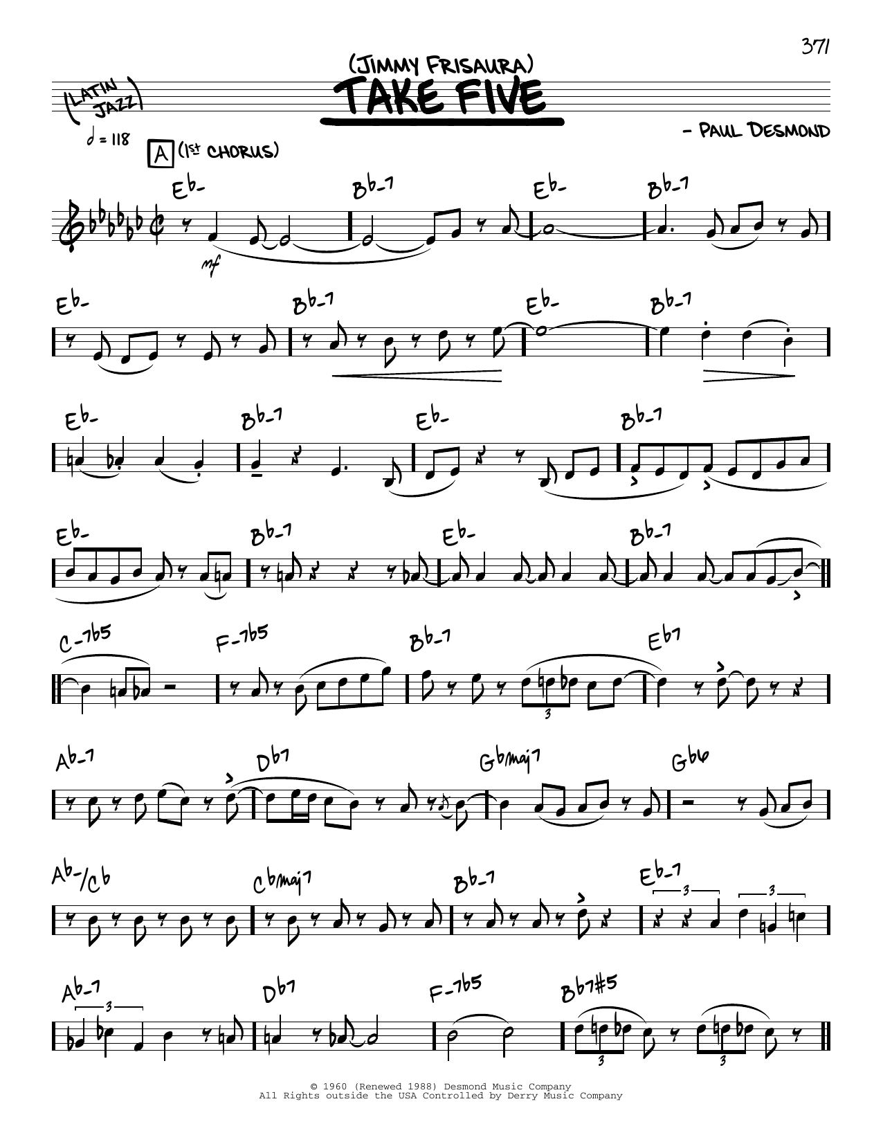 Download Jimmy Frisaura Take Five (solo only) Sheet Music and learn how to play Real Book – Melody & Chords PDF digital score in minutes