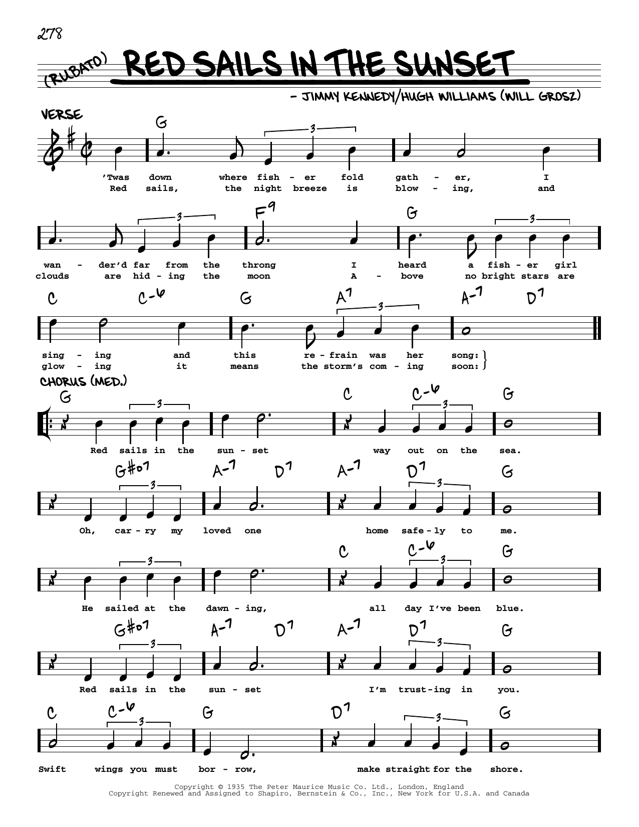 Download Jimmy Kennedy Red Sails In The Sunset (arr. Robert Rawlins) Sheet Music and learn how to play Real Book – Melody, Lyrics & Chords PDF digital score in minutes