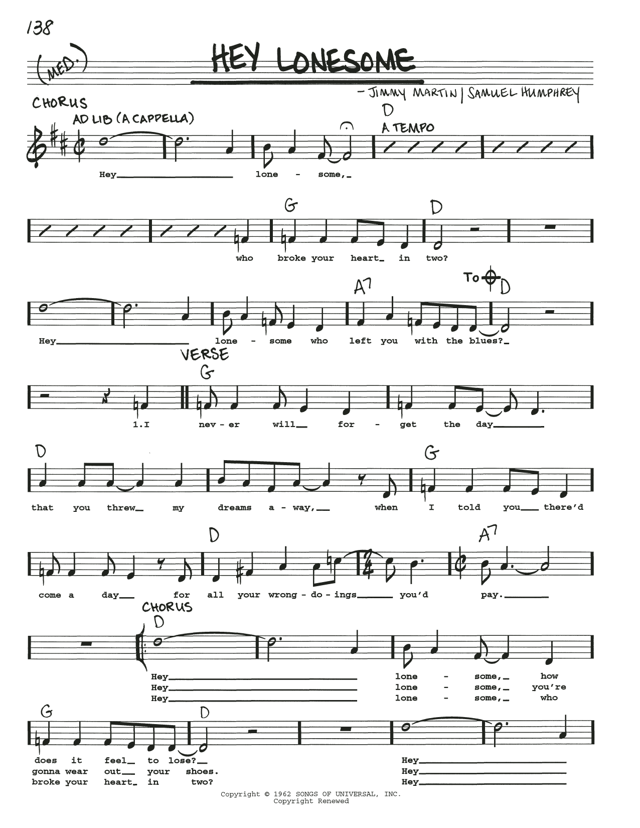 Download Jimmy Martin Hey Lonesome Sheet Music and learn how to play Real Book – Melody, Lyrics & Chords PDF digital score in minutes