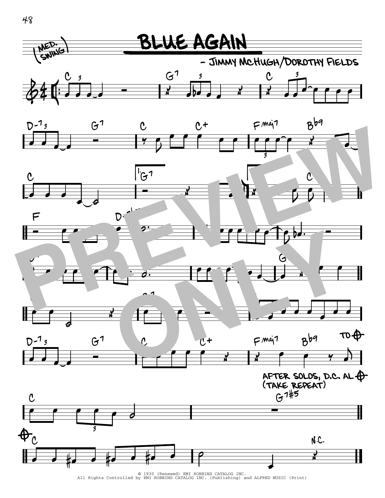 Download Jimmy McHugh and Dorothy Fields Blue Again Sheet Music and learn how to play Real Book – Melody & Chords PDF digital score in minutes