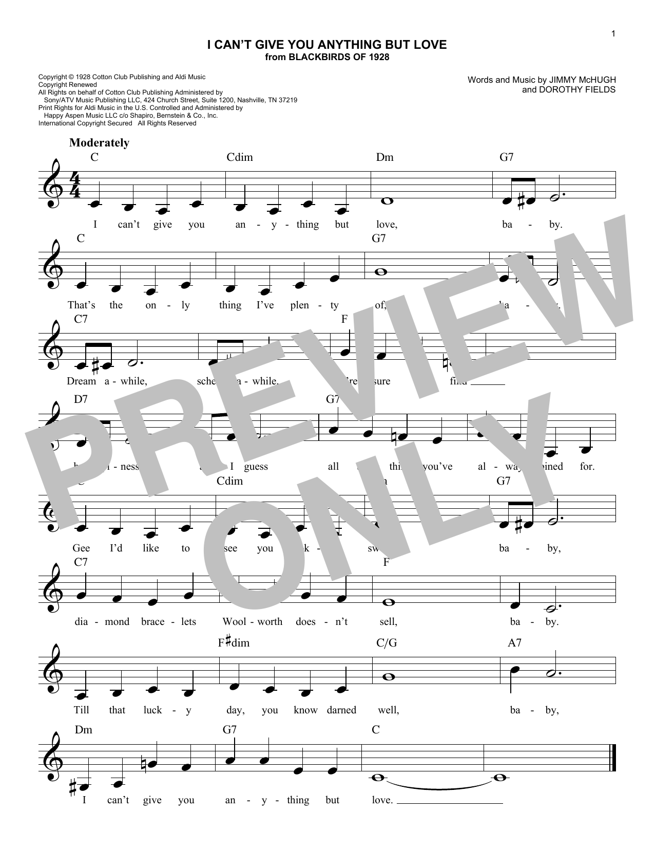 Download Jimmy McHugh and Dorothy Fields I Can't Give You Anything But Love (from Blackbirds of 1928) Sheet Music and learn how to play Lead Sheet / Fake Book PDF digital score in minutes