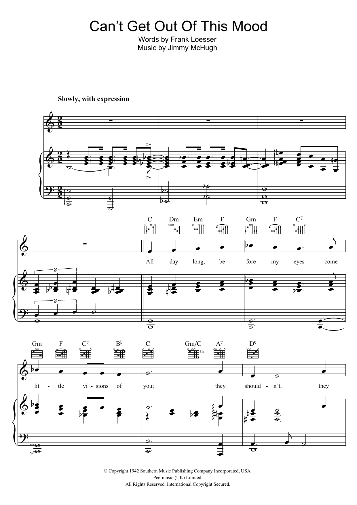 Download Jimmy McHugh Can't Get Out Of This Mood Sheet Music and learn how to play Piano, Vocal & Guitar (Right-Hand Melody) PDF digital score in minutes