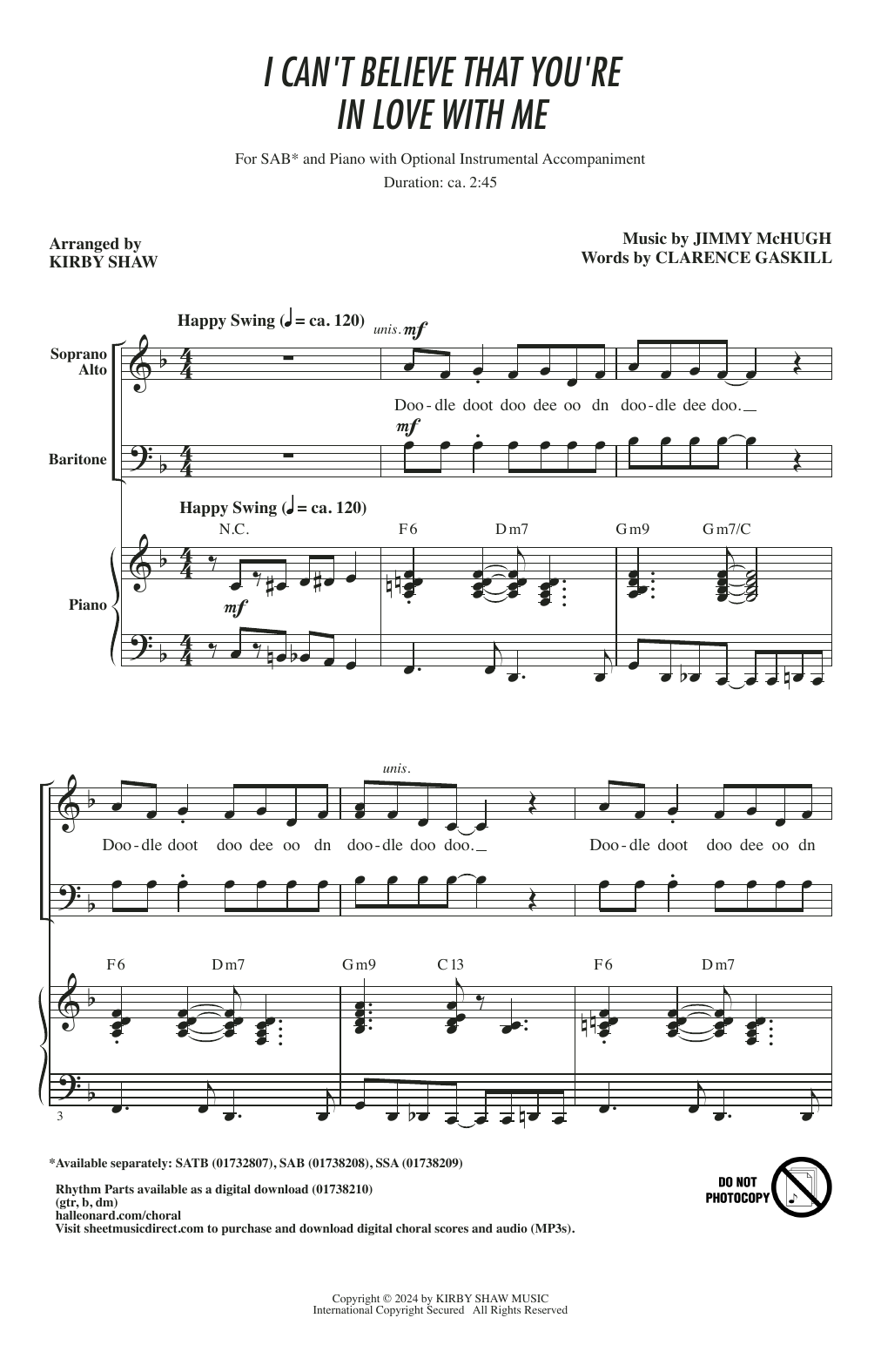 Download Jimmy McHugh I Can't Believe That You're In Love With Me (arr. Kirby Shaw) Sheet Music and learn how to play SAB Choir PDF digital score in minutes