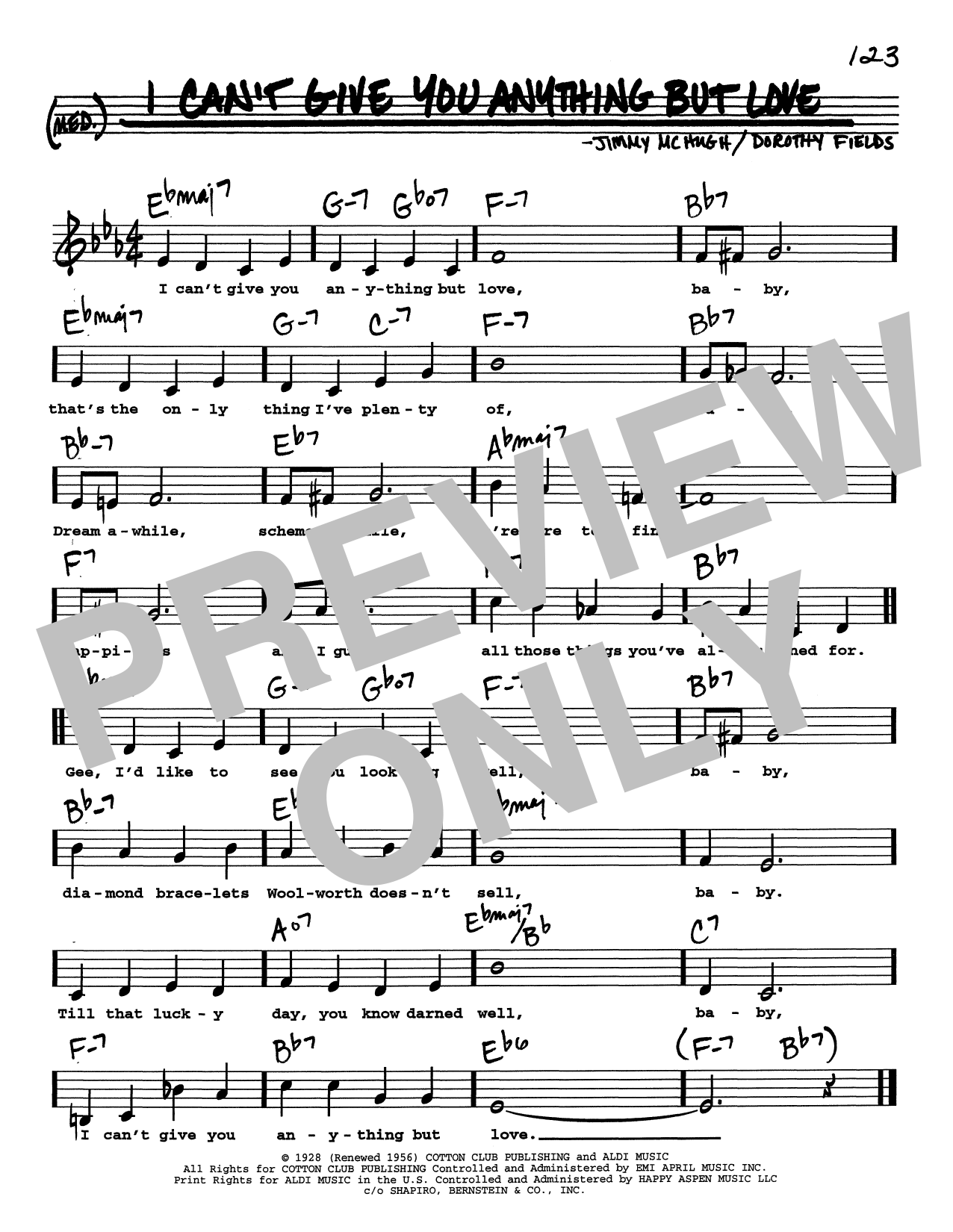 Download Jimmy McHugh I Can't Give You Anything But Love (Low Voice) Sheet Music and learn how to play Real Book – Melody, Lyrics & Chords PDF digital score in minutes