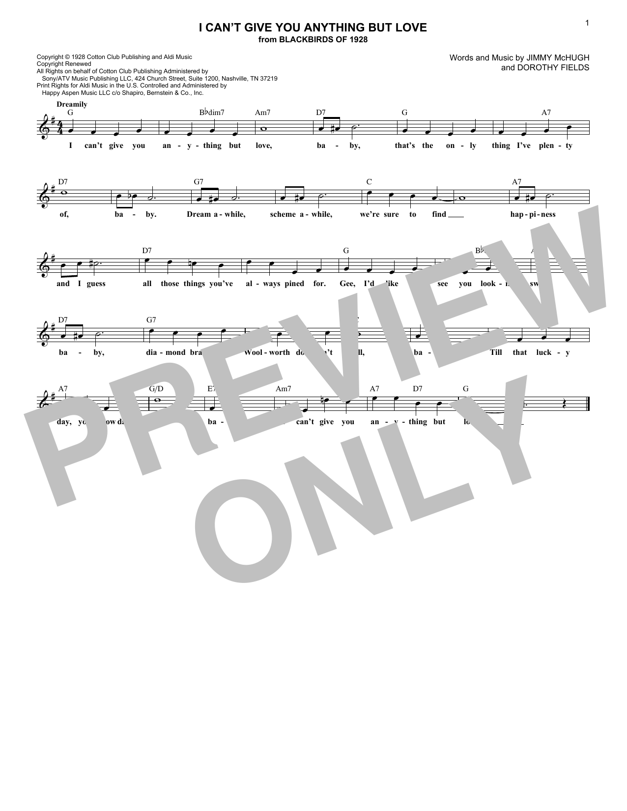 Download Jimmy McHugh I Can't Give You Anything But Love Sheet Music and learn how to play Melody Line, Lyrics & Chords PDF digital score in minutes