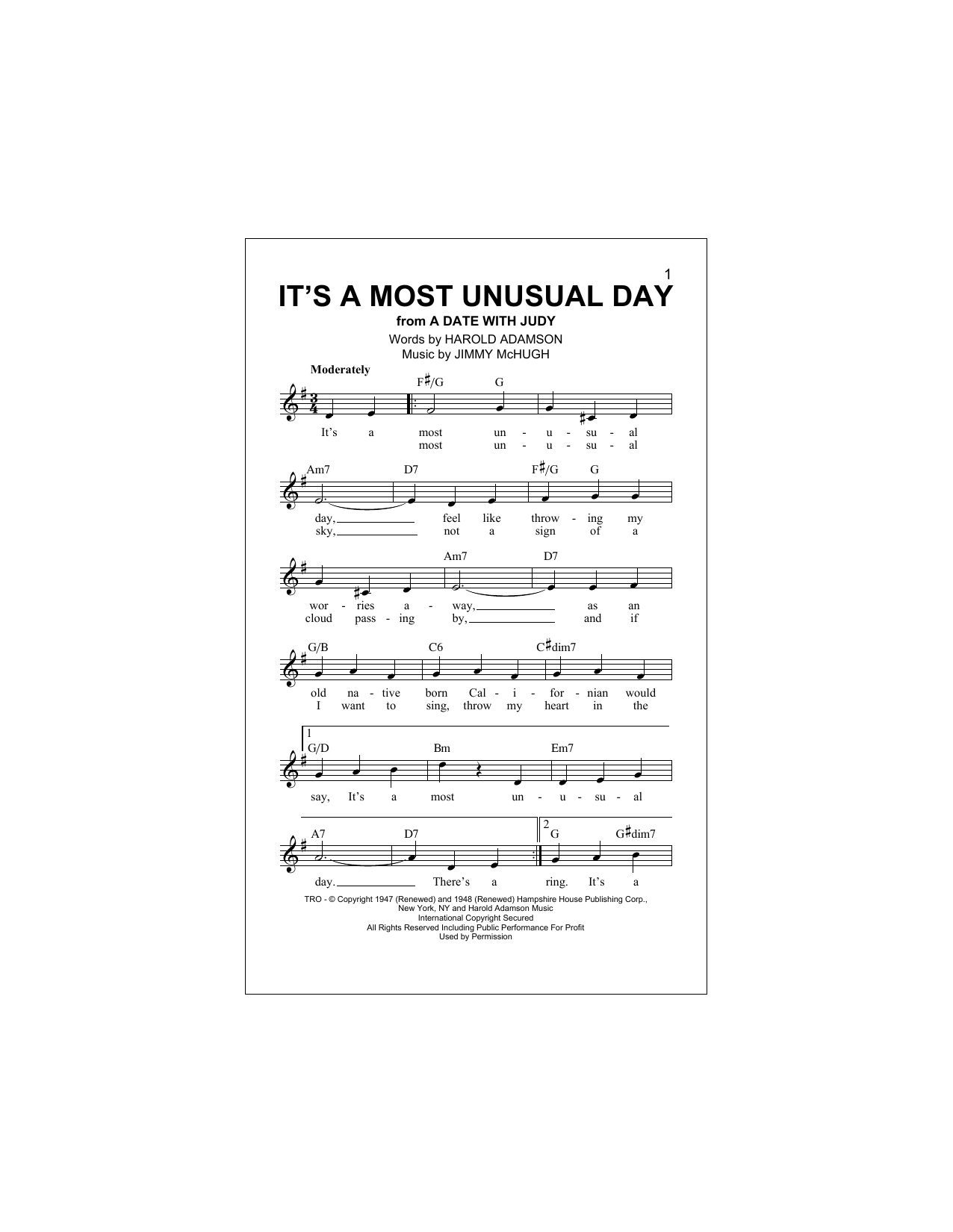 Download Jimmy McHugh It's A Most Unusual Day Sheet Music and learn how to play Melody Line, Lyrics & Chords PDF digital score in minutes