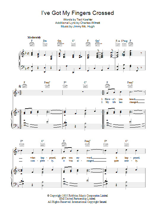 Download Jimmy McHugh I've Got My Fingers Crossed Sheet Music and learn how to play Piano, Vocal & Guitar (Right-Hand Melody) PDF digital score in minutes