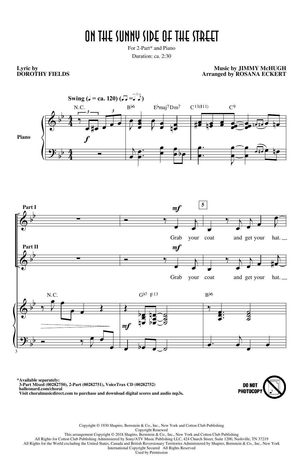 Download Jimmy McHugh On The Sunny Side Of The Street (arr. Rosana Eckert) Sheet Music and learn how to play 3-Part Mixed Choir PDF digital score in minutes
