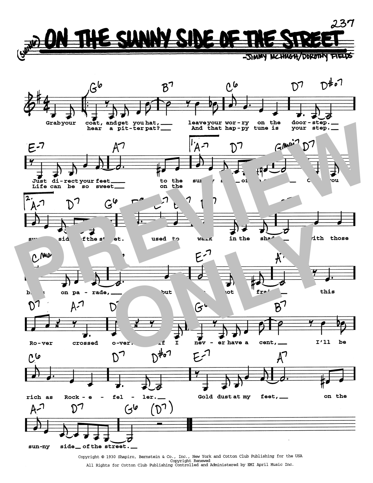 Download Jimmy McHugh On The Sunny Side Of The Street (Low Voice) Sheet Music and learn how to play Real Book – Melody, Lyrics & Chords PDF digital score in minutes
