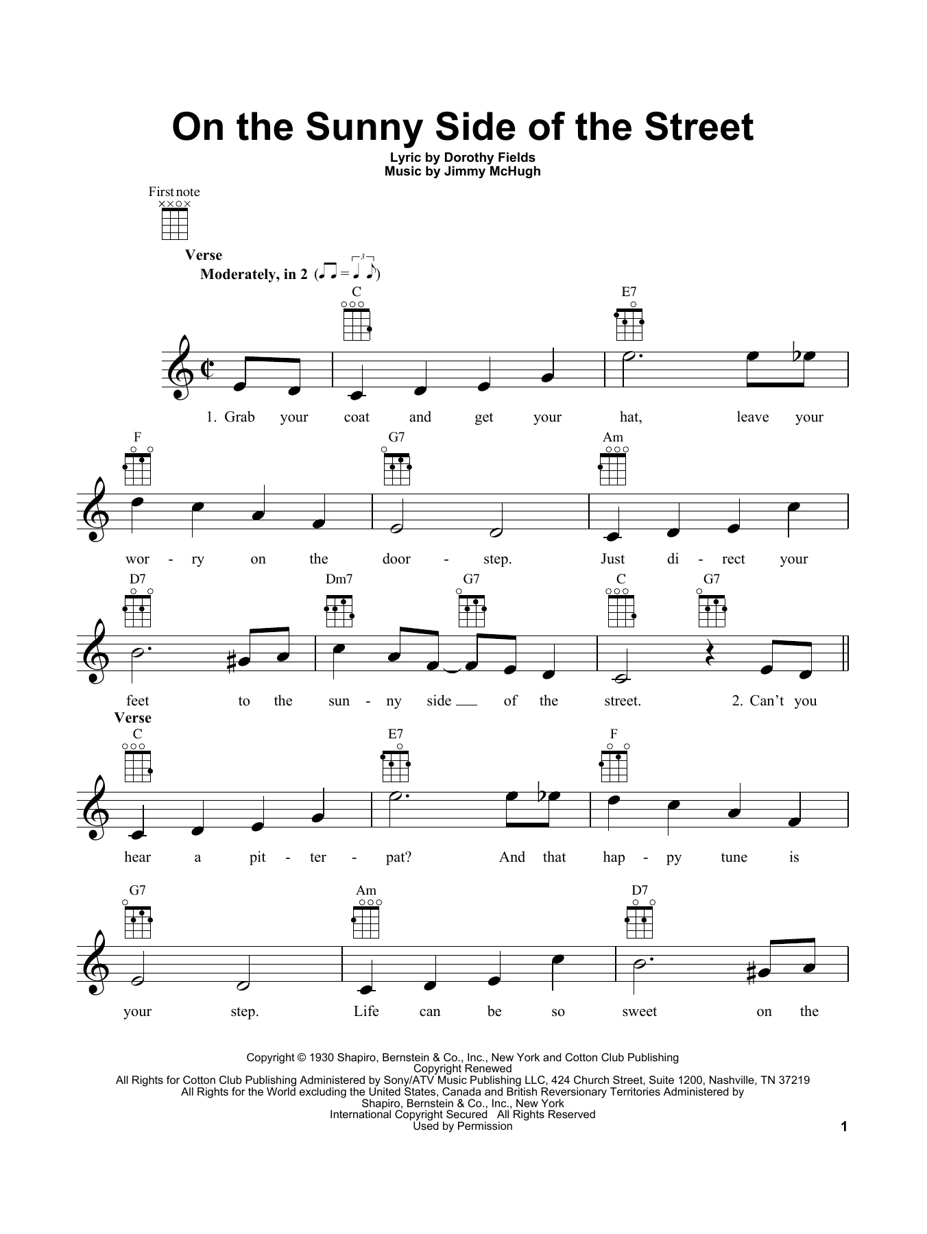 Download Jimmy McHugh On The Sunny Side Of The Street Sheet Music and learn how to play Ukulele PDF digital score in minutes