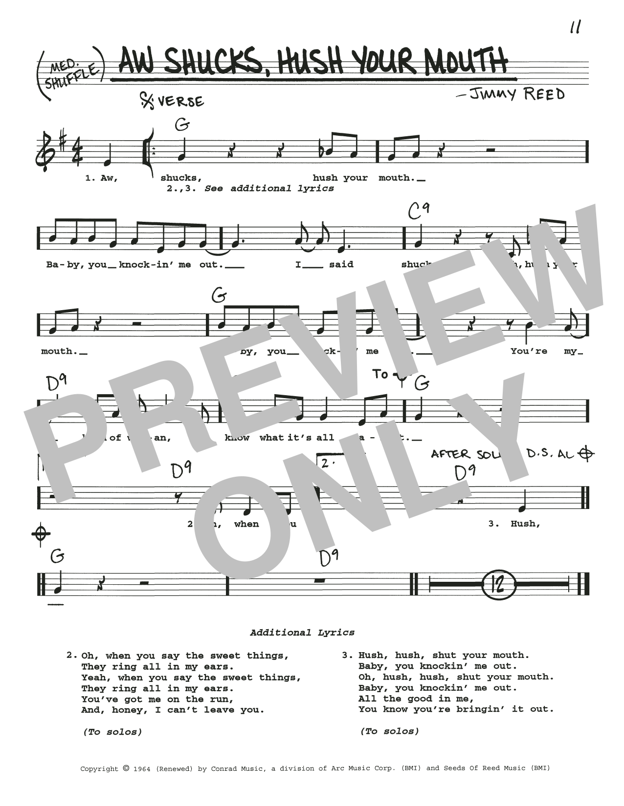 Download Jimmy Reed Aw Shucks, Hush Your Mouth Sheet Music and learn how to play Real Book – Melody, Lyrics & Chords PDF digital score in minutes