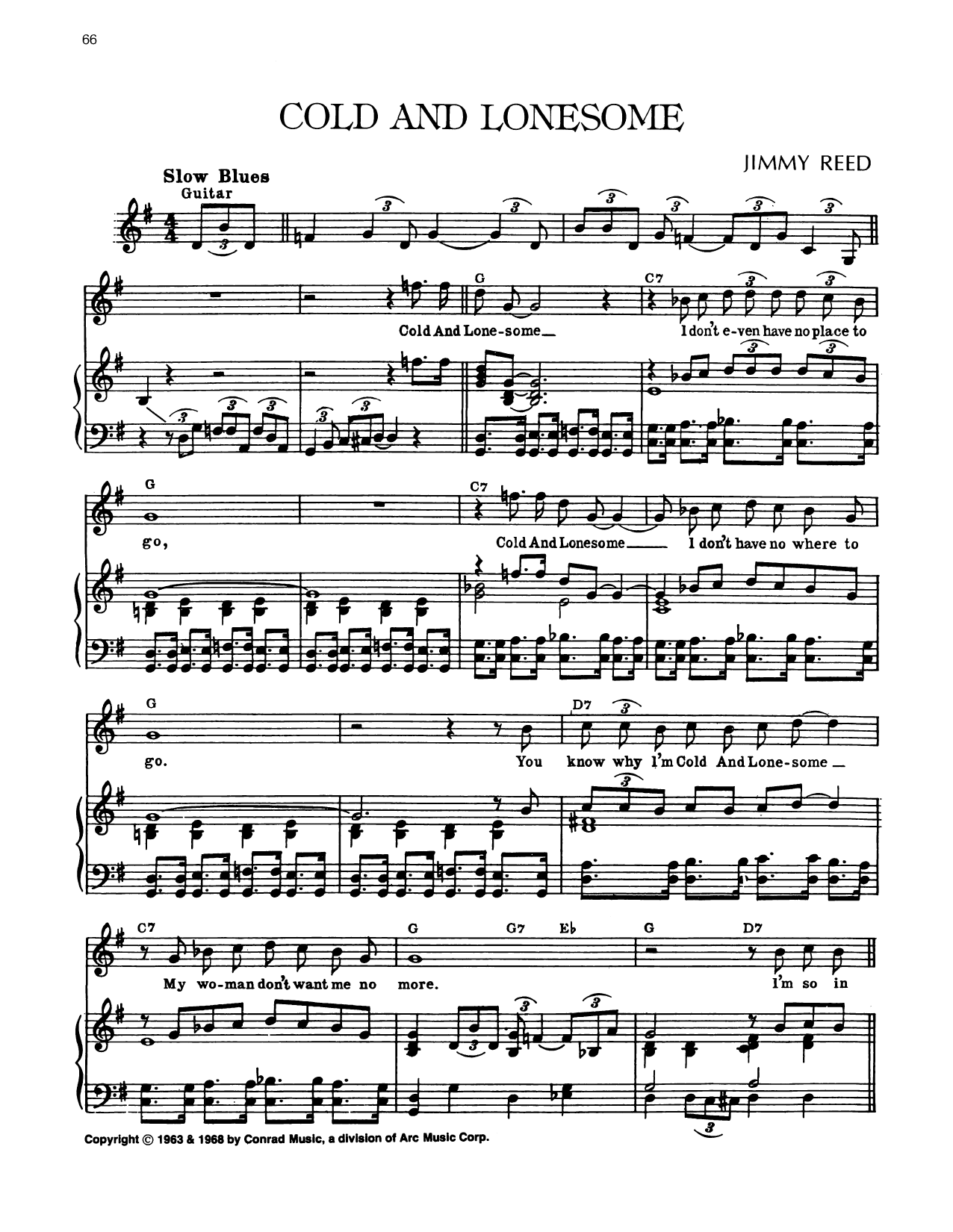 Download Jimmy Reed Cold And Lonesome Sheet Music and learn how to play Piano, Vocal & Guitar Chords (Right-Hand Melody) PDF digital score in minutes