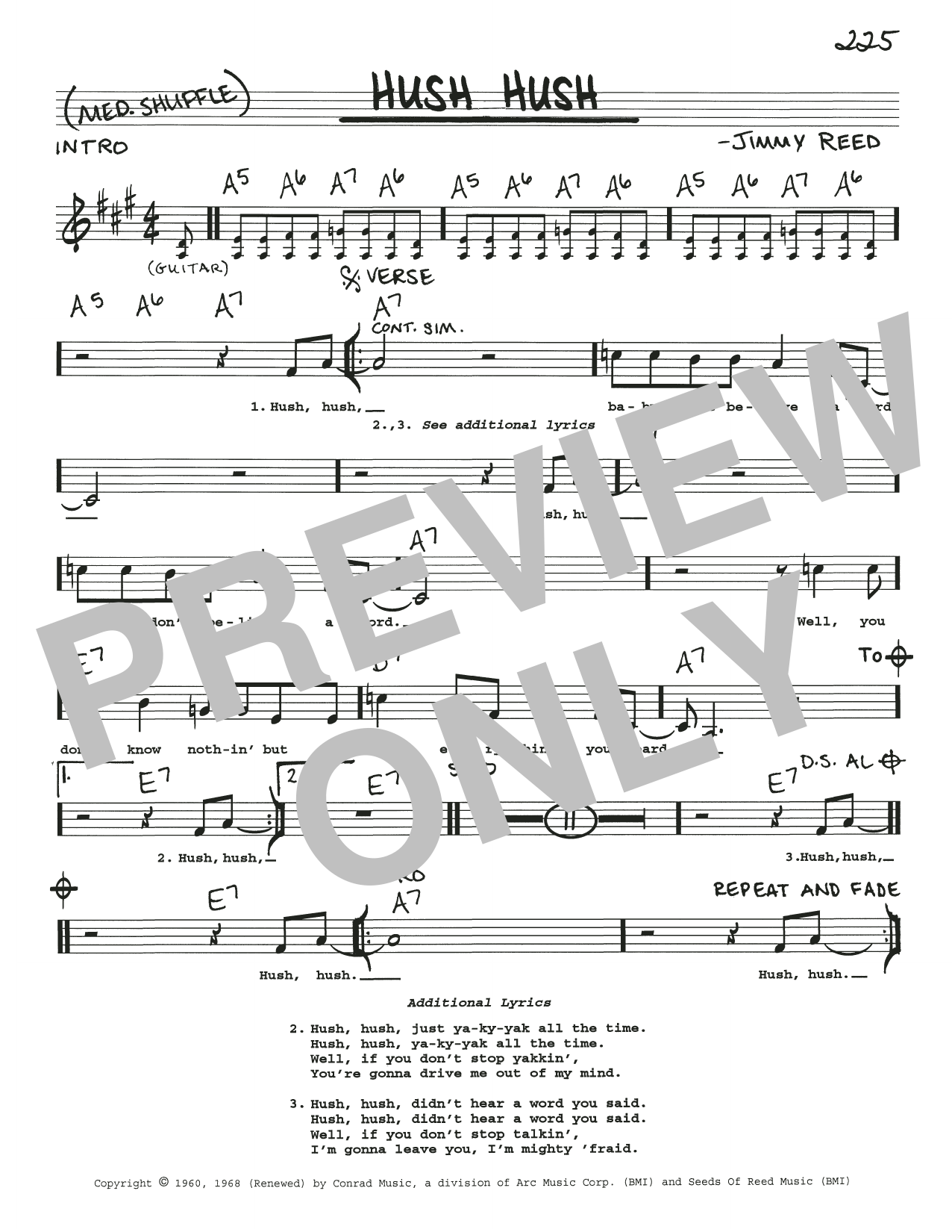 Download Jimmy Reed Hush Hush Sheet Music and learn how to play Real Book – Melody, Lyrics & Chords PDF digital score in minutes