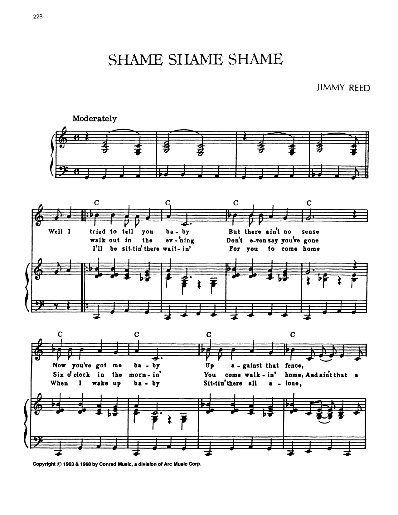 Download Jimmy Reed Shame, Shame, Shame Sheet Music and learn how to play Piano, Vocal & Guitar Chords (Right-Hand Melody) PDF digital score in minutes