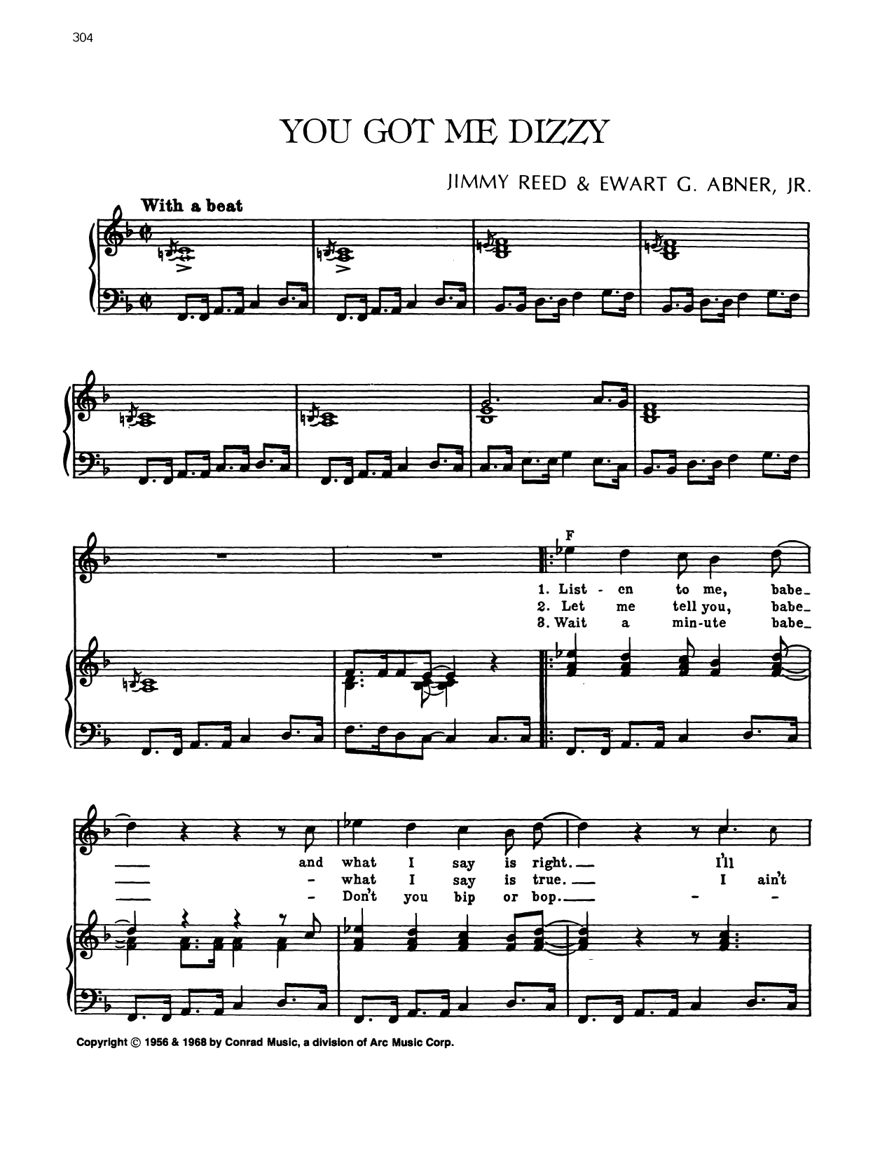 Download Jimmy Reed You Got Me Dizzy Sheet Music and learn how to play Piano, Vocal & Guitar Chords (Right-Hand Melody) PDF digital score in minutes