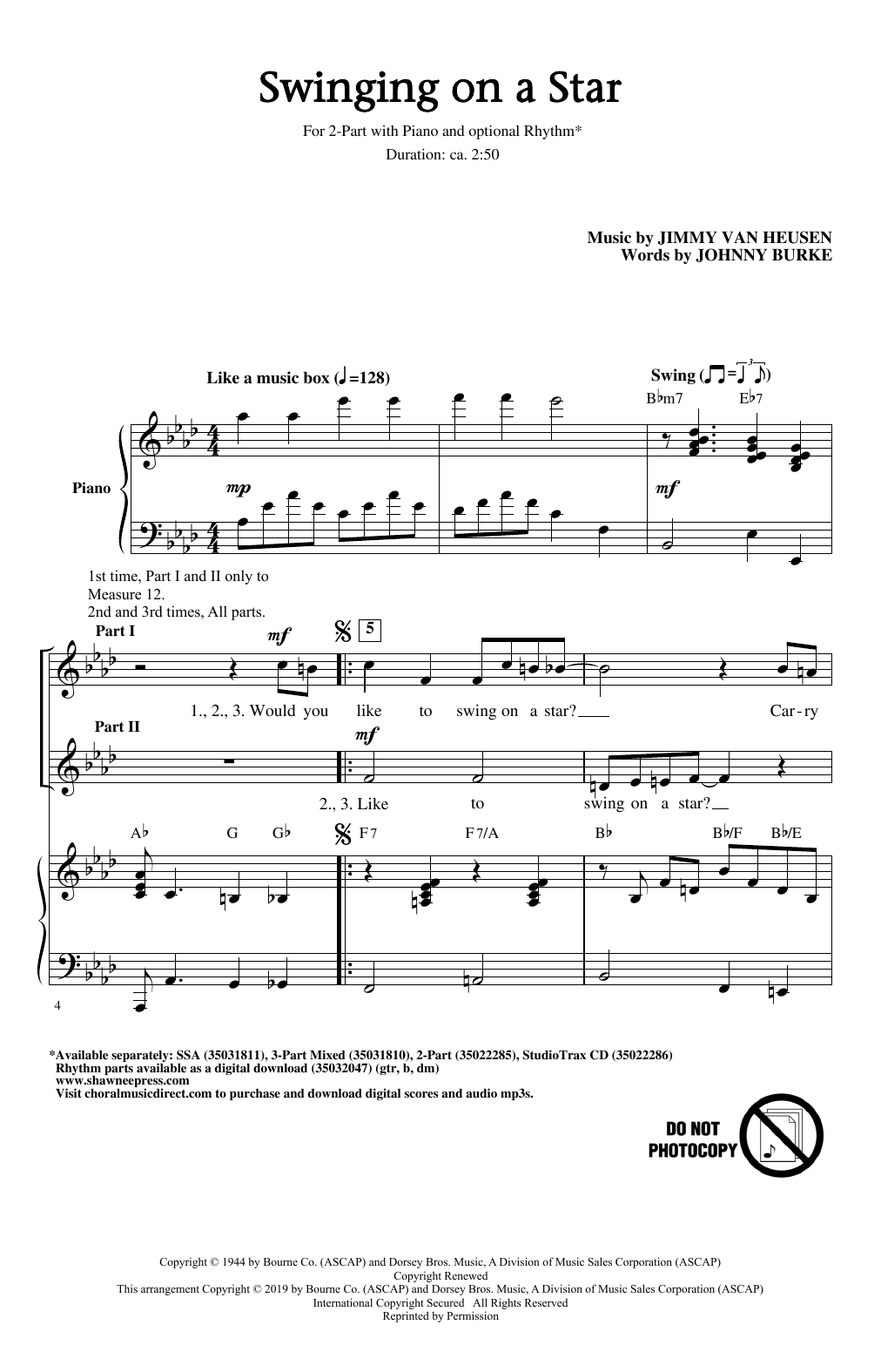 Download Jimmy Van Heusen & Johnny Burke Swinging on a Star (arr. Greg Gilpin) Sheet Music and learn how to play 2-Part Choir PDF digital score in minutes
