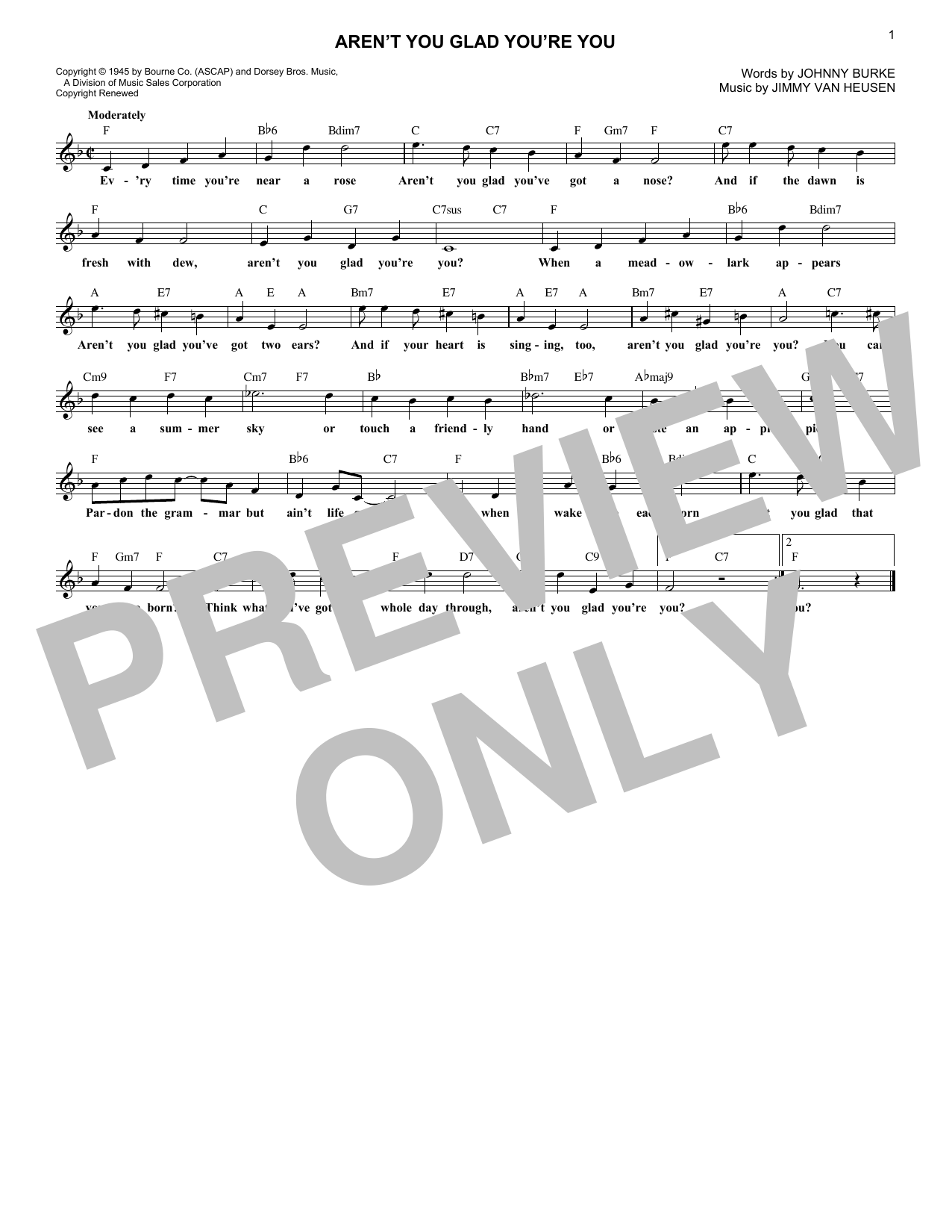 Download Jimmy Van Heusen Aren't You Glad You're You Sheet Music and learn how to play Melody Line, Lyrics & Chords PDF digital score in minutes
