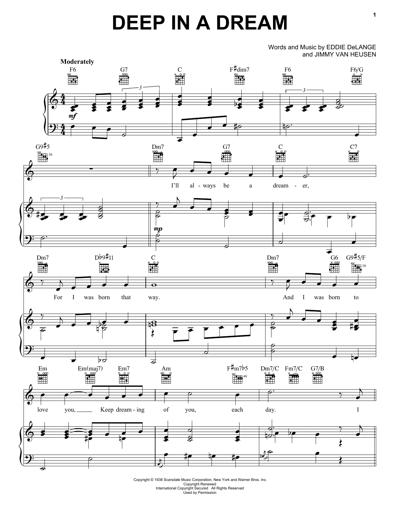 Download Jimmy Van Heusen Deep In A Dream Sheet Music and learn how to play Piano, Vocal & Guitar (Right-Hand Melody) PDF digital score in minutes