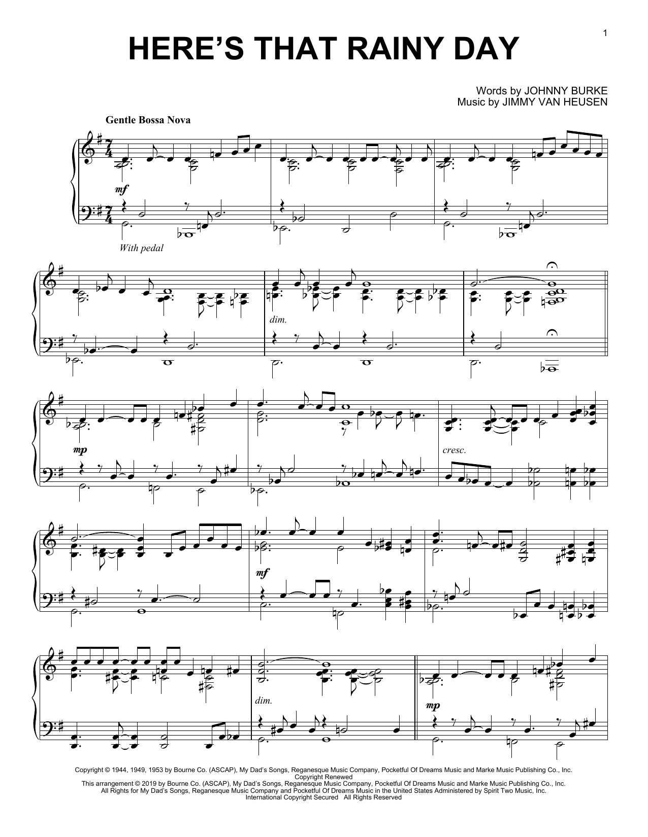 Download Jimmy Van Heusen Here's That Rainy Day (arr. Brent Edstrom) Sheet Music and learn how to play Piano Solo PDF digital score in minutes
