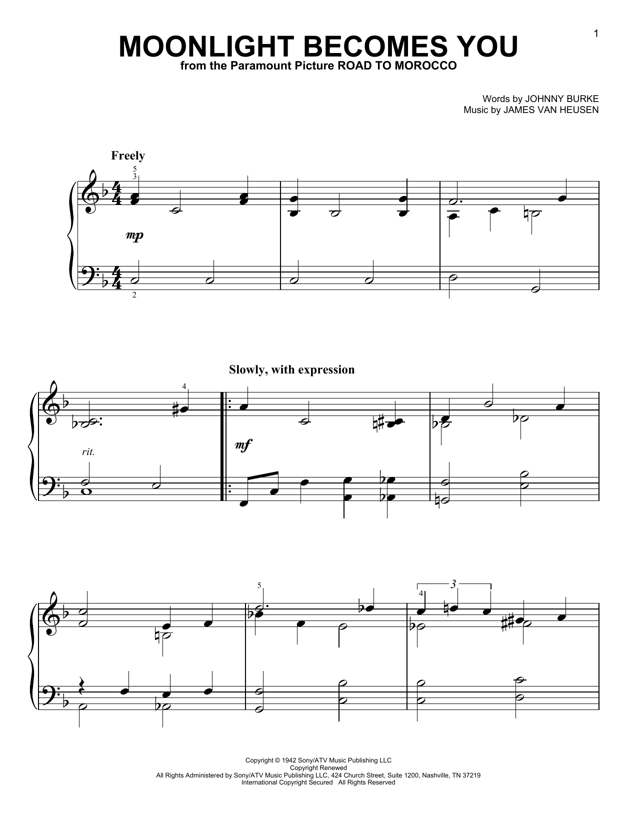 Download Jimmy Van Heusen Moonlight Becomes You Sheet Music and learn how to play Melody Line, Lyrics & Chords PDF digital score in minutes