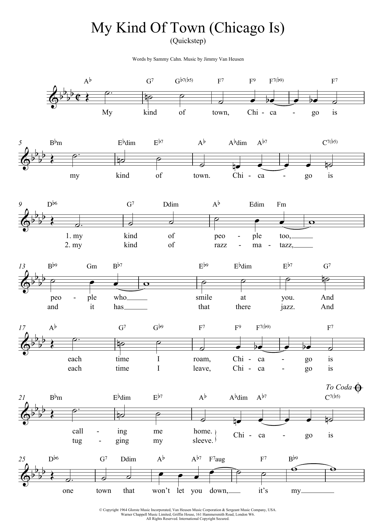 Download Jimmy Van Heusen My Kind Of Town (Chicago Is) Sheet Music and learn how to play Lead Sheet / Fake Book PDF digital score in minutes
