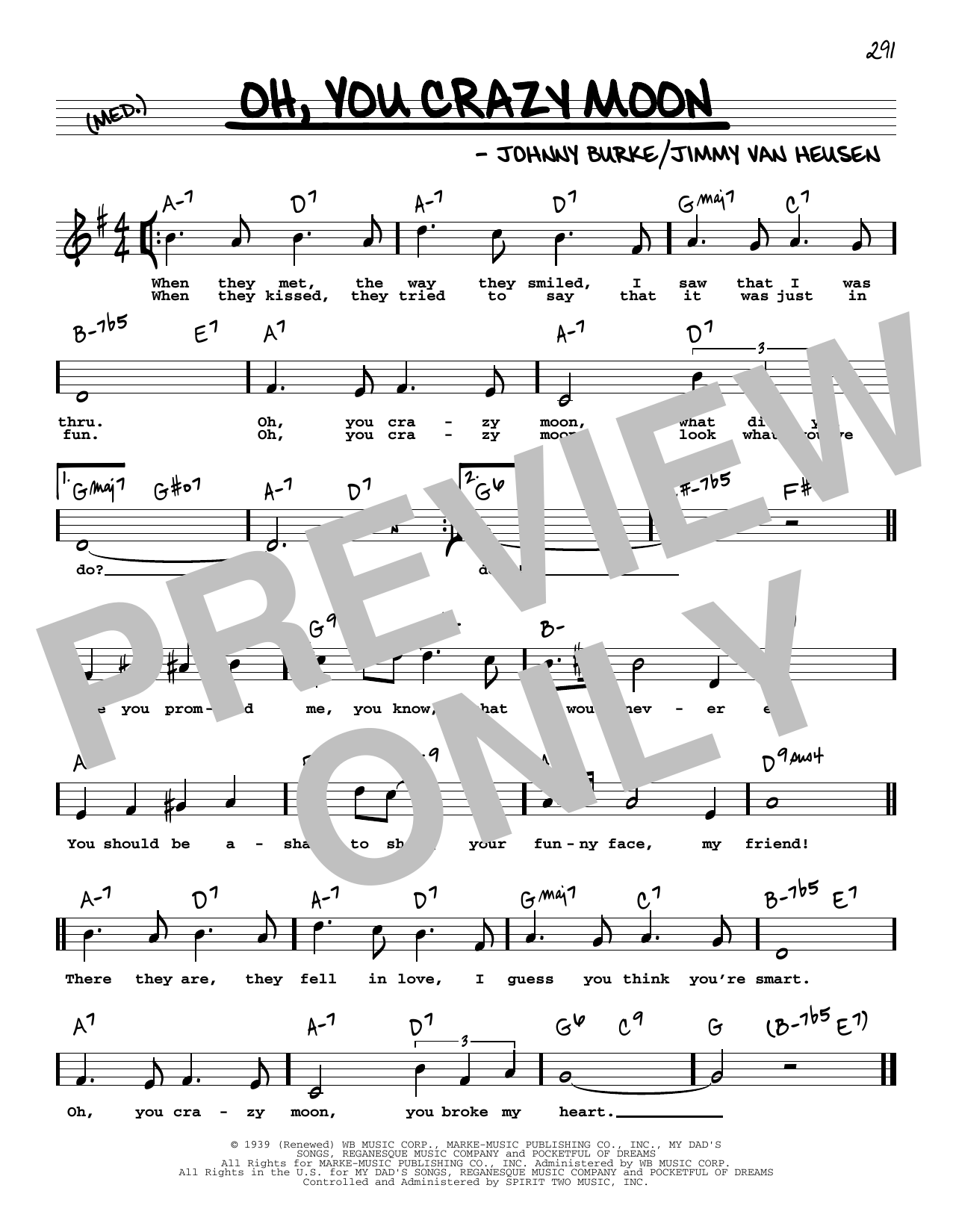 Download Jimmy Van Heusen Oh, You Crazy Moon (High Voice) Sheet Music and learn how to play Real Book – Melody, Lyrics & Chords PDF digital score in minutes