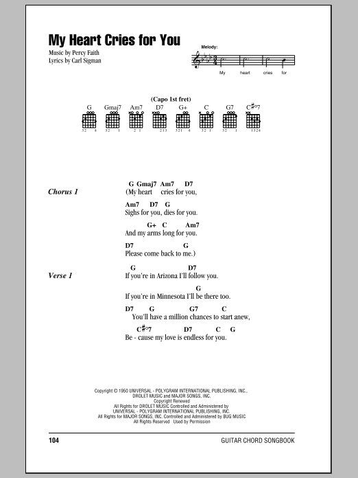 Download Jimmy Wakely My Heart Cries For You Sheet Music and learn how to play Piano, Vocal & Guitar Chords (Right-Hand Melody) PDF digital score in minutes