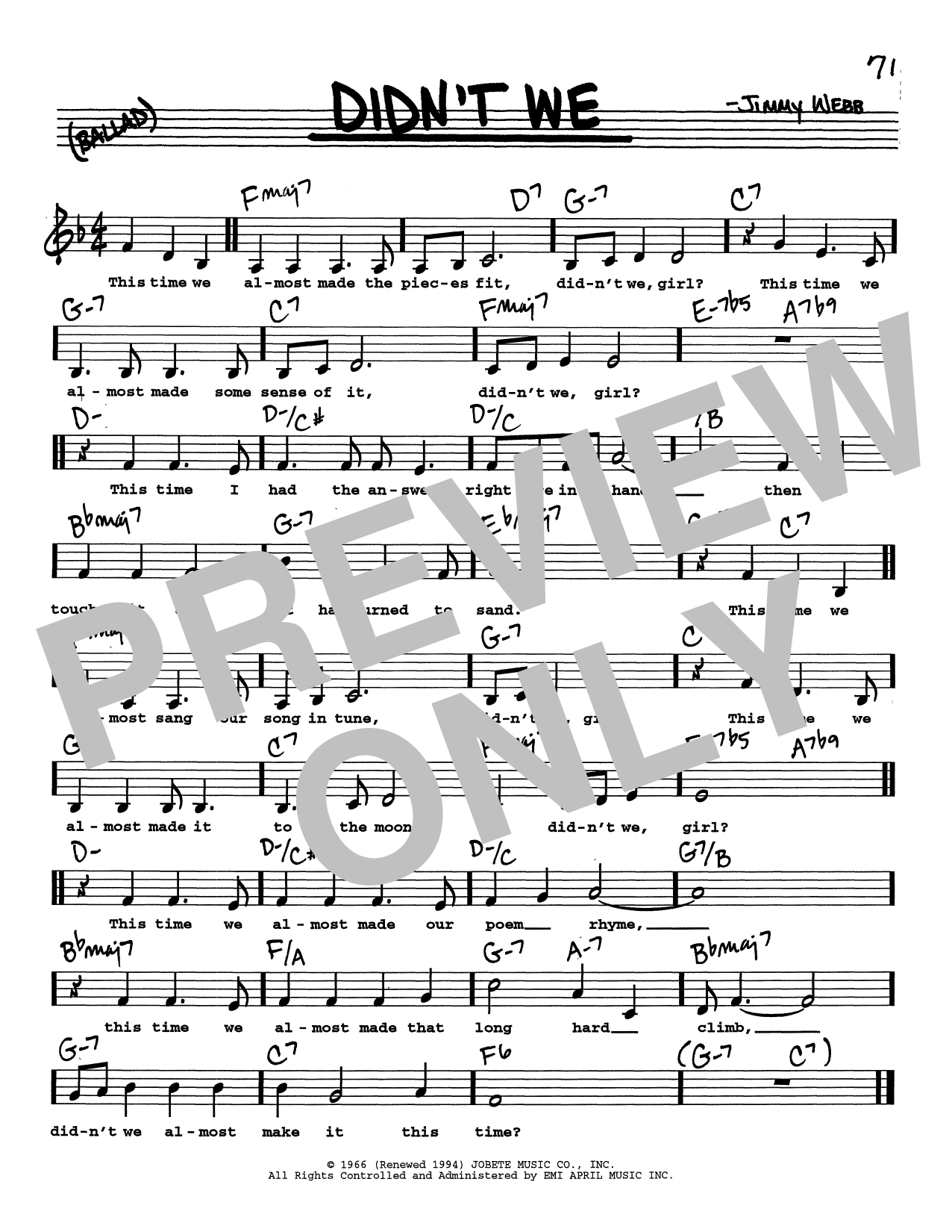 Download Jimmy Webb Didn't We (Low Voice) Sheet Music and learn how to play Real Book – Melody, Lyrics & Chords PDF digital score in minutes