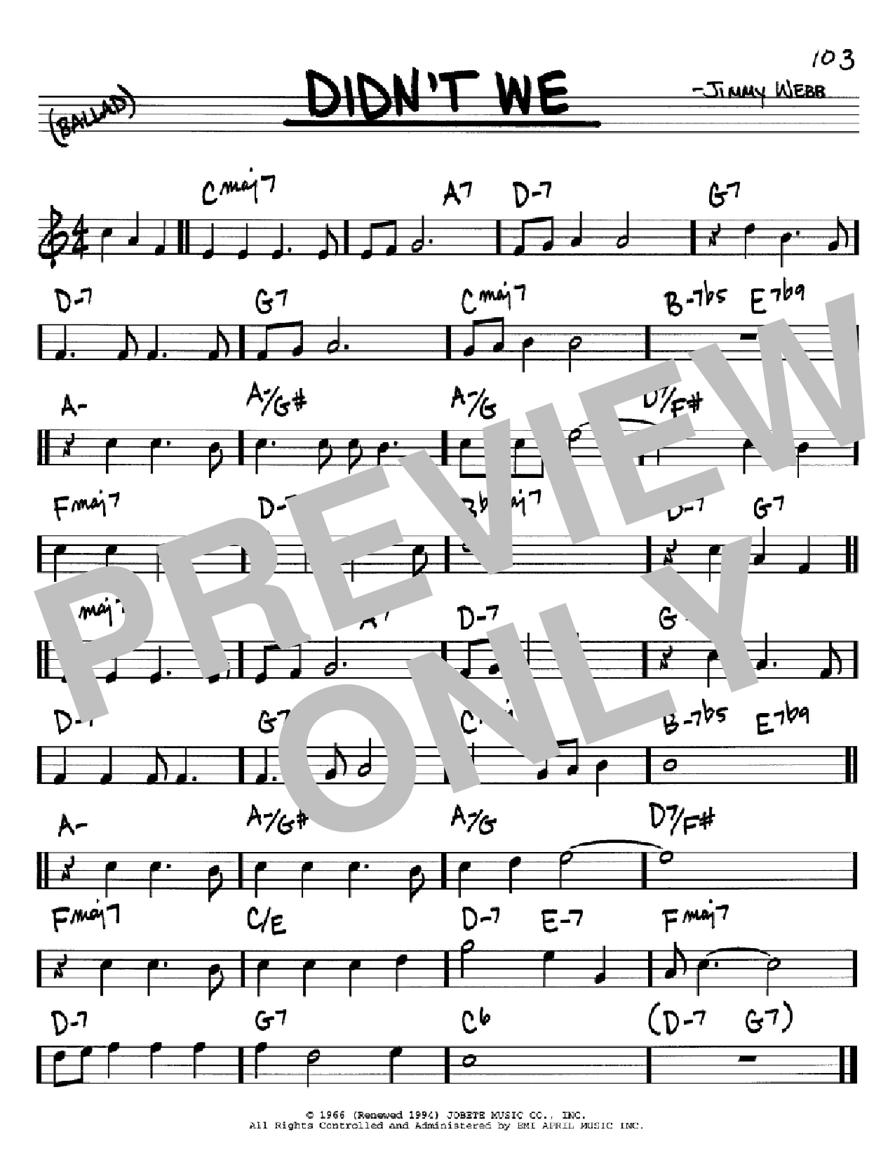 Download Jimmy Webb Didn't We Sheet Music and learn how to play Real Book - Melody, Lyrics & Chords - C Instruments PDF digital score in minutes