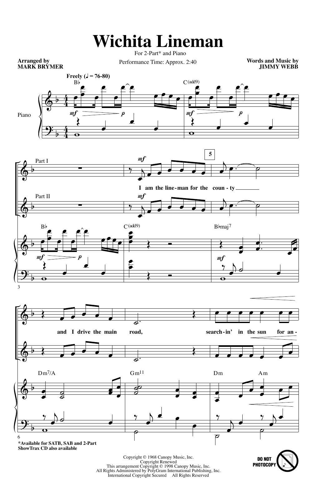 Download Jimmy Webb Wichita Lineman (arr. Mark Brymer) Sheet Music and learn how to play 2-Part Choir PDF digital score in minutes