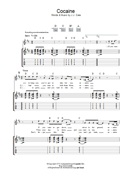 Download J.J. Cale Cocaine Sheet Music and learn how to play Guitar Tab PDF digital score in minutes