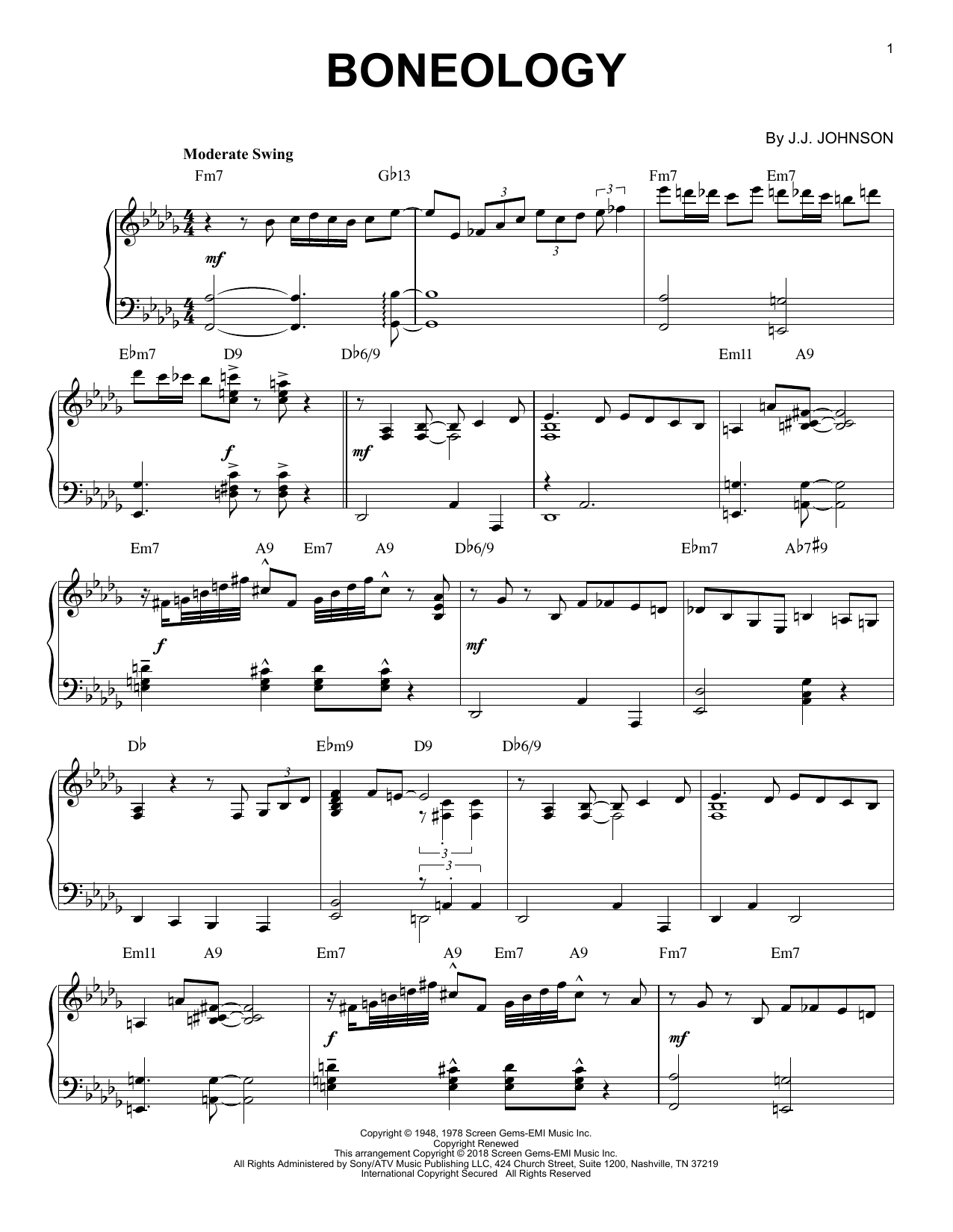 Download J.J. Johnson Boneology Sheet Music and learn how to play Piano PDF digital score in minutes