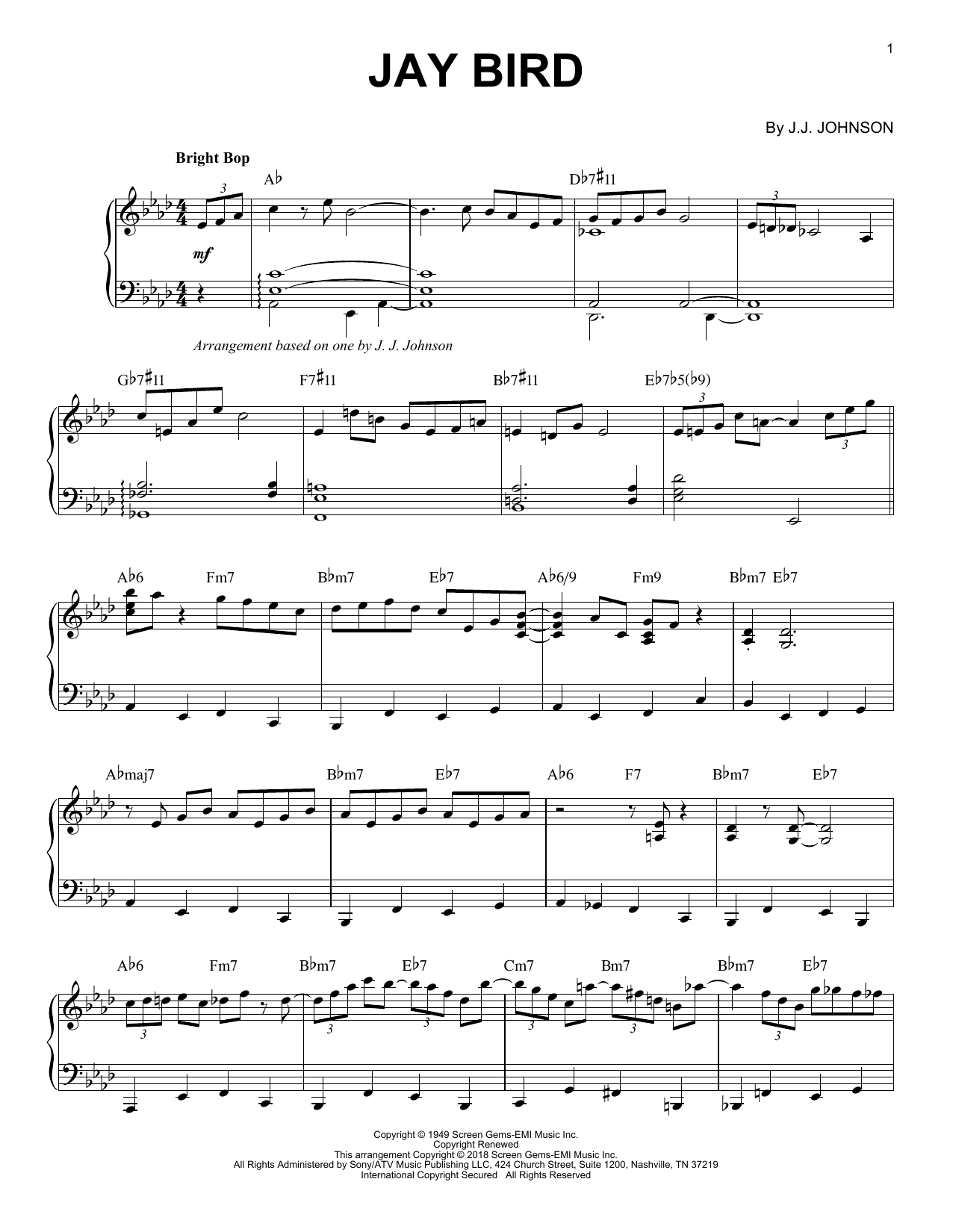 Download J.J. Johnson Jay Bird Sheet Music and learn how to play Piano PDF digital score in minutes