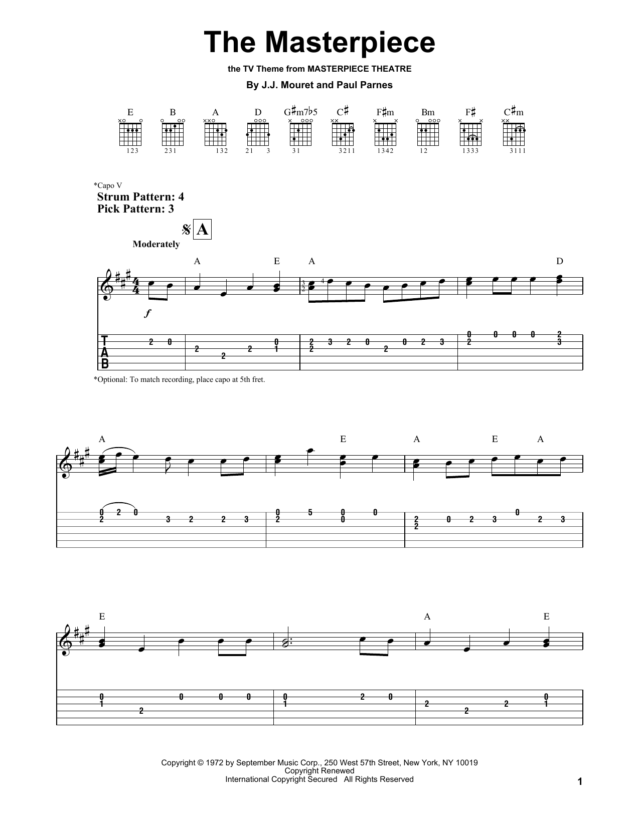 Download J.J. Mouret The Masterpiece Sheet Music and learn how to play Easy Guitar Tab PDF digital score in minutes