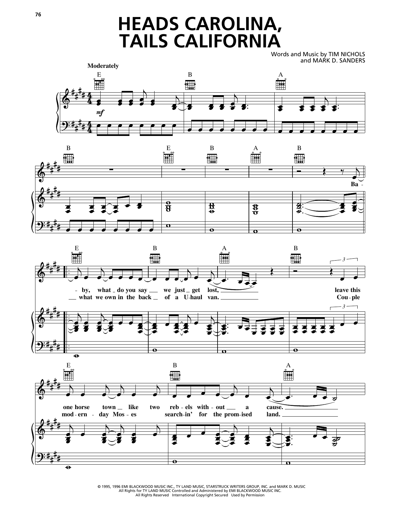 Download Jo Dee Messina Heads Carolina, Tails California Sheet Music and learn how to play Piano, Vocal & Guitar (Right-Hand Melody) PDF digital score in minutes