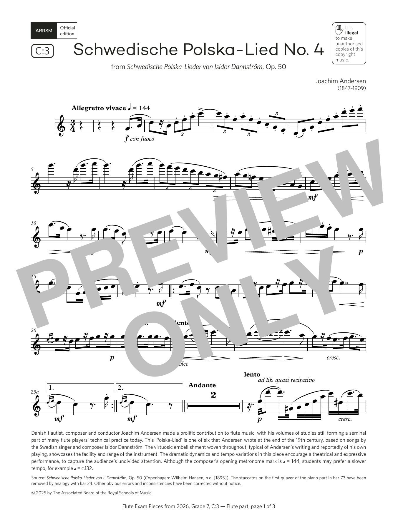Download Joachim Andersen Schwedische Polska-Lied No. 4 (Grade 7, list C3, from the ABRSM Flute Syllabus f Sheet Music and learn how to play Flute Solo PDF digital score in minutes
