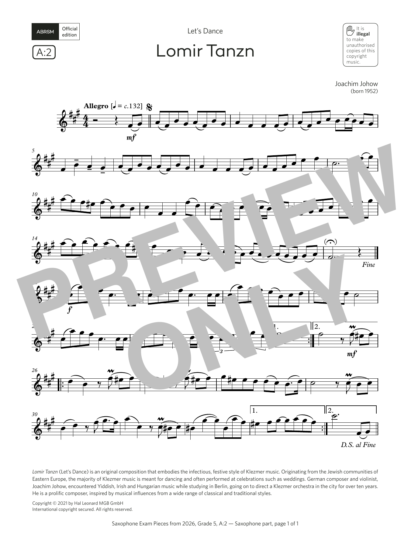Download Joachim Johow Lomir Tanzn (Grade 5, list A2, from the ABRSM Saxophone Syllabus from 2026) Sheet Music and learn how to play Alto Sax Solo PDF digital score in minutes