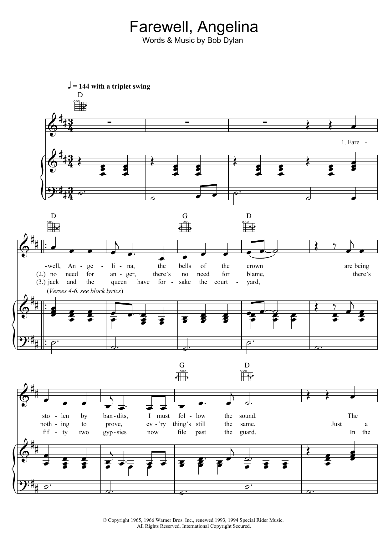 Download Joan Baez Farewell, Angelina Sheet Music and learn how to play Piano, Vocal & Guitar (Right-Hand Melody) PDF digital score in minutes