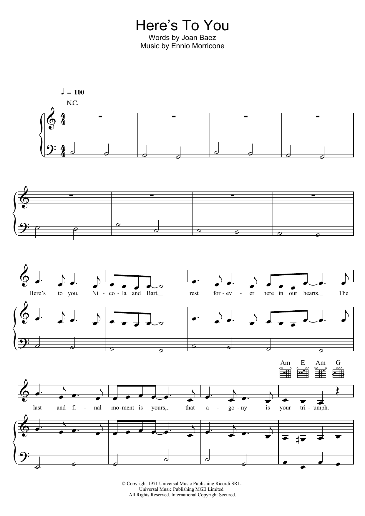 Download Joan Baez Here's To You Sheet Music and learn how to play Piano, Vocal & Guitar (Right-Hand Melody) PDF digital score in minutes