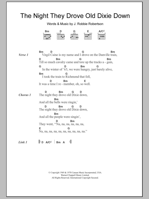 Download Joan Baez The Night They Drove Old Dixie Down Sheet Music and learn how to play Lyrics & Chords PDF digital score in minutes