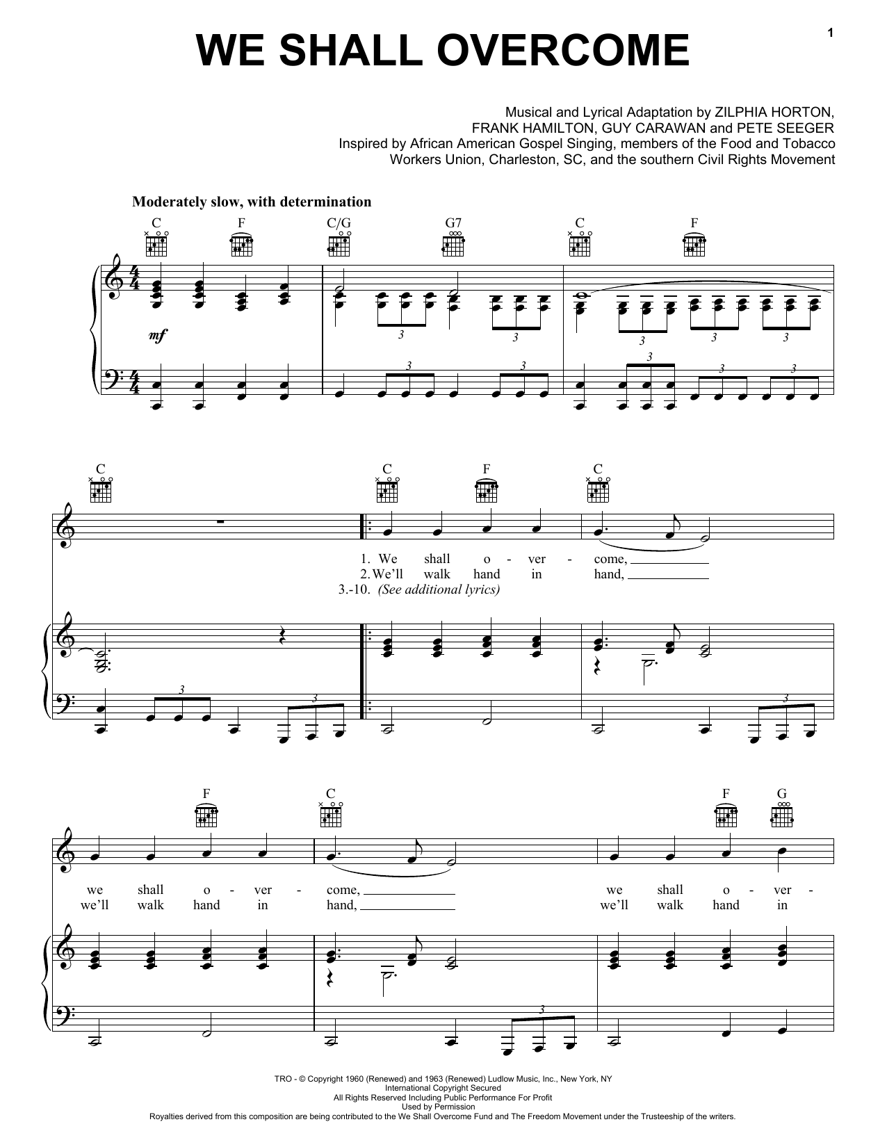 Download Joan Baez We Shall Overcome Sheet Music and learn how to play Piano, Vocal & Guitar (Right-Hand Melody) PDF digital score in minutes