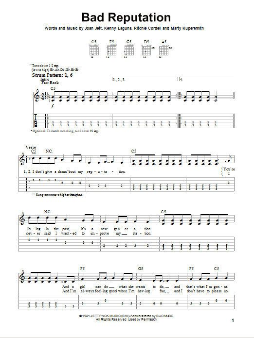 Download Joan Jett Bad Reputation Sheet Music and learn how to play Easy Guitar Tab PDF digital score in minutes