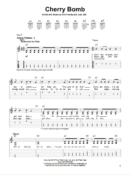 Download Joan Jett Cherry Bomb Sheet Music and learn how to play Easy Guitar Tab PDF digital score in minutes