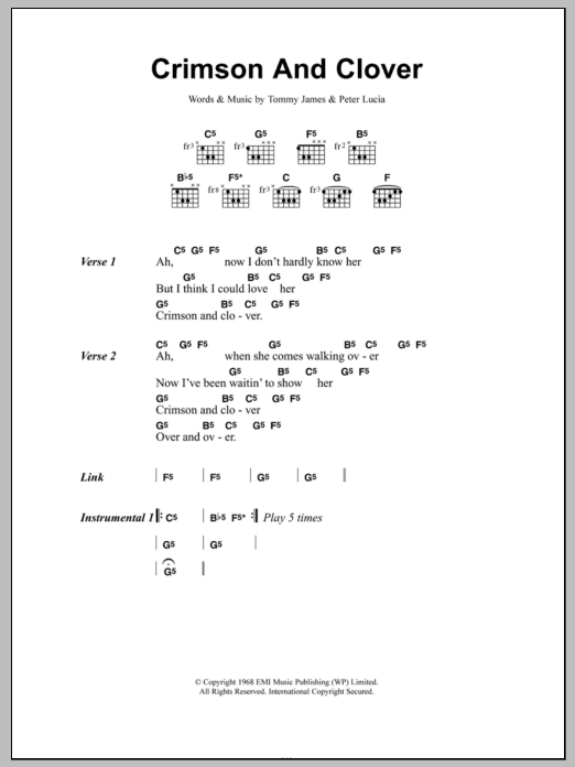 Download Joan Jett Crimson And Clover Sheet Music and learn how to play Lyrics & Chords PDF digital score in minutes
