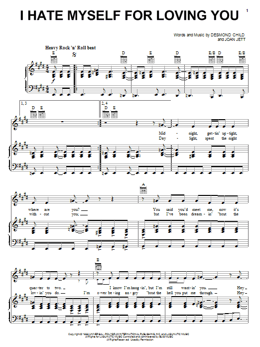 Download Joan Jett I Hate Myself For Loving You Sheet Music and learn how to play Lyrics & Chords PDF digital score in minutes