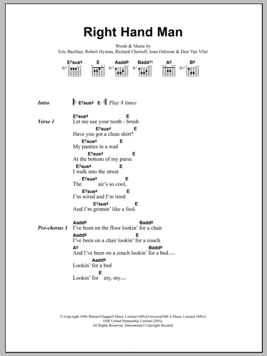 Download Joan Osbourne Right Hand Man Sheet Music and learn how to play Lyrics & Chords PDF digital score in minutes