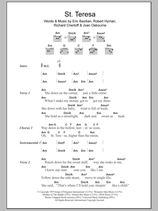Download Joan Osbourne St. Teresa Sheet Music and learn how to play Lyrics & Chords PDF digital score in minutes